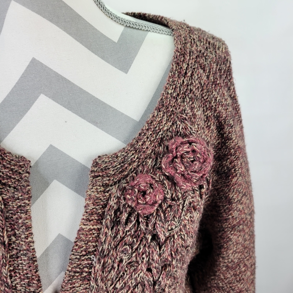 DKNY Jean Cardigan Cotton Blend Flower Embellishment Marled Pink Brown Size XL - Picture 2 of 15